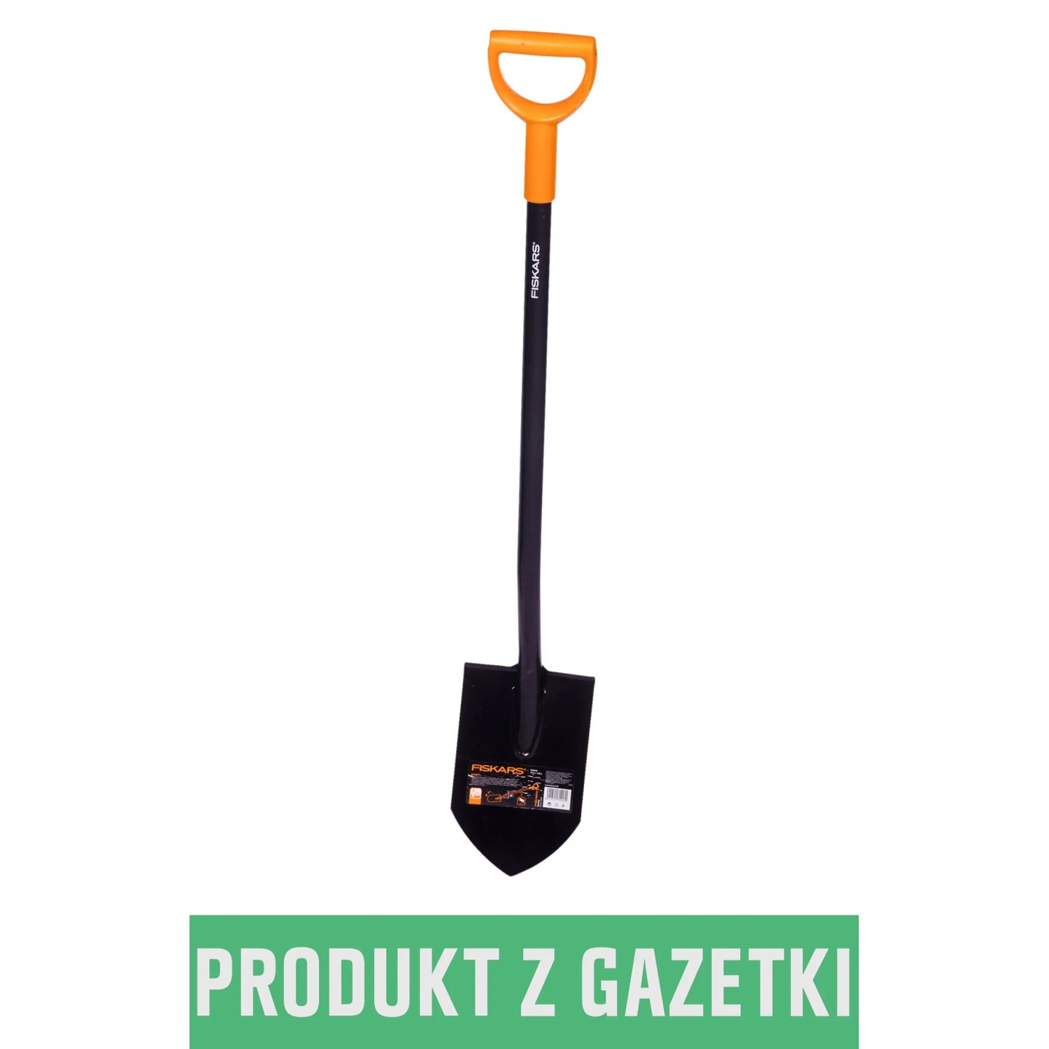Czarny szpadel z pomarańczową rączką Fiskars.