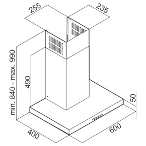 Rysunek techniczny okapu ściennego t.b.t. z wymiarami.
