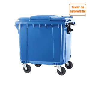 Niebieski pojemnik na odpady t.b.t. z pokrywą i kółkami dla łatwego usuwania.