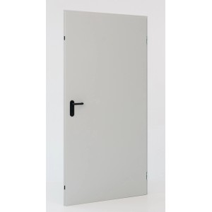 Szare drzwi stalowe z czarną klamką. Wytrzymałe drzwi do użytku wewnętrznego i zewnętrznego.