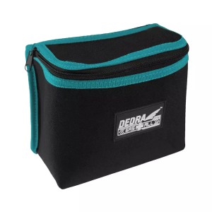 Czarna torba narzędziowa z turkusowymi akcentami na akumulatory do elektronarzędzi.