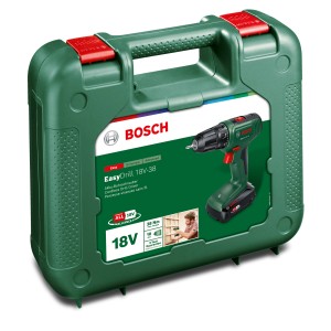 Wiertarko-wkrętarka akumulatorowa Bosch EasyDrill 18V-38 w zestawie z akumulatorem, ładowarką i walizką.
