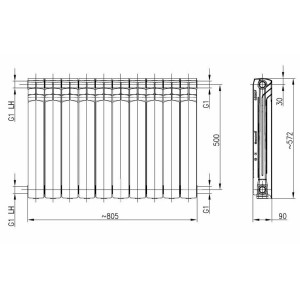 Rysunek techniczny grzejnika t.b.t. z wymiarami.