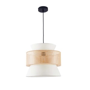 Nowoczesna lampa wisząca z elementem rattanowym i białym kloszem do salonu.