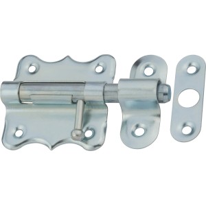 Srebrny metalowy rygiel t.b.t. z płytką montażową i suwakiem.