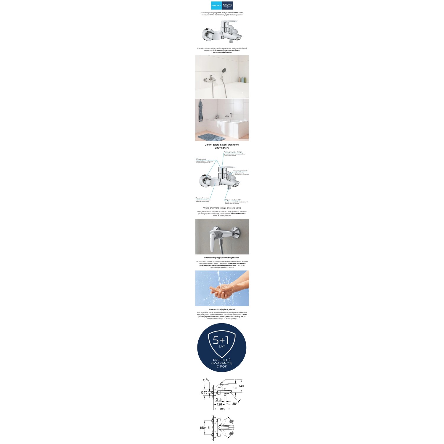 Bateria wannowa Grohe QuickFix Start do montażu ściennego, chrom, z przyłączem prysznica.