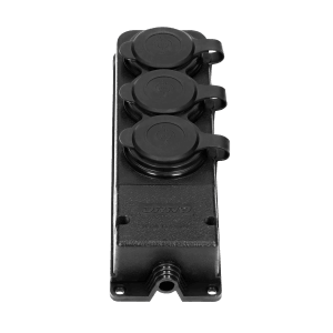 Czarna listwa zasilająca t.b.t. z trzema osłonami do użytku zewnętrznego.