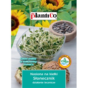 Opakowanie nasion słonecznika na kiełki, z kiełkami w misce i słonecznikami w tle.