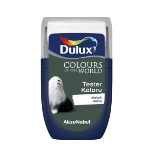 Tester koloru Dulux „zieleń boho” do farb ściennych. Kolorowe farby do ścian.