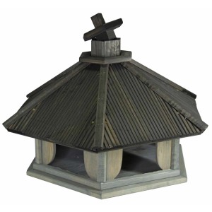 Drewniany karmnik dla ptaków w stylu pagody z krzyżem.