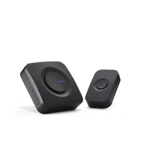 Czarny bezprzewodowy dzwonek t.b.t. z nadajnikiem i odbiornikiem do drzwi wejściowych.