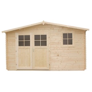 Drewniany domek ogrodowy z podwójnymi drzwiami i oknem. Idealny jako domek narzędziowy lub altana ogrodowa.