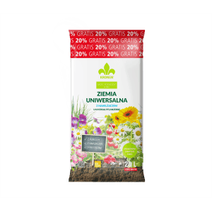 Worek ziemi uniwersalnej Kronen z motywem kwiatowym i napisem "20% gratis".