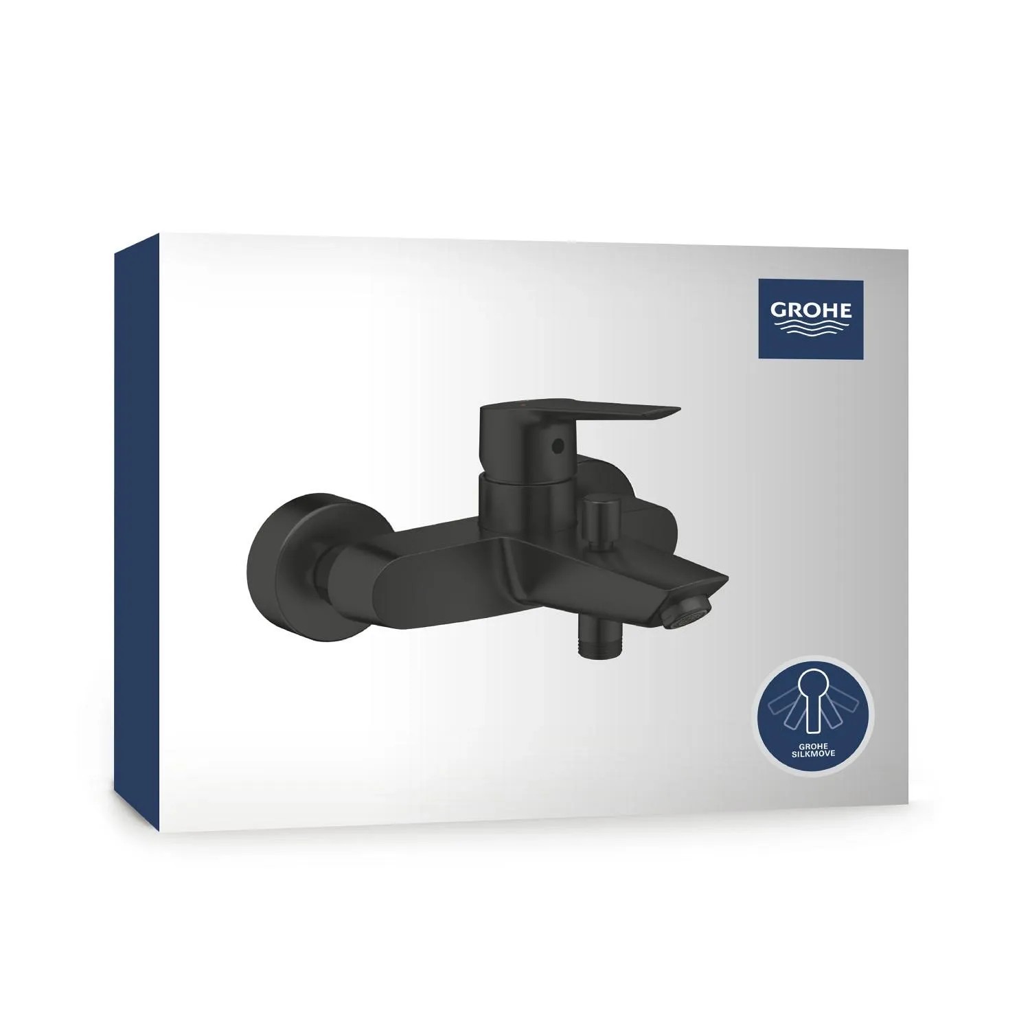 Bateria wannowa Grohe QuickFix Start, czarna, na opakowaniu. Jednouchwytowa bateria do wanny.