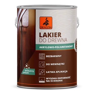 Puszka lakieru do drewna Dragon, bezbarwny, do wnętrz, akrylowo-poliuretanowy, łatwa aplikacja, wysoka odporność na ścieranie.