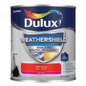 Puszka czerwonej emalii Weathershield do drewna, metalu i PCV firmy Dulux.