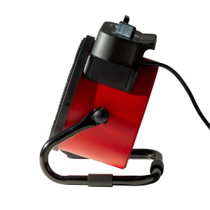 Czerwony grzejnik elektryczny t.b.t. z czarną podstawą i kablem.