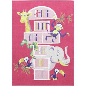Różowy dywan ze zwierzętami: żyrafa, małpa, słoń, wąż i tukan. Dywan dla dzieci do pokoju dziecięcego.