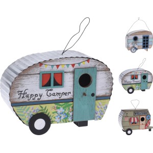 Dekoracyjny karmnik dla ptaków Karmnik w kształcie przyczepy kempingowej z napisem "Happy Camper".