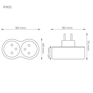 Rysunek techniczny: Rozgałęźnik t.b.t. z wymiarami (90x49x74 mm).