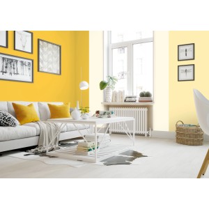 Salon z żółtymi i jasnożółtymi ścianami, pomalowany farbami t.b.t.