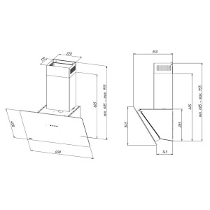 Rysunek techniczny okapu ściennego t.b.t. z wymiarami.