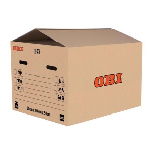 Brązowy karton OBI z uchwytami, 80x60x50 cm, idealny do pakowania i przechowywania.