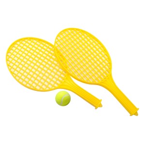 Żółty zestaw do zabawy: 2 rakiety tenisowe i 1 piłka tenisowa do zabawy na świeżym powietrzu.