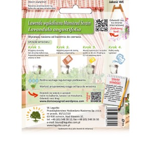 Zdjęcie opakowania nasion lawendy (t.b.t.) z instrukcją siewu.