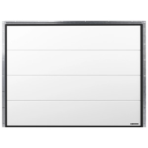 Biała segmentowa brama garażowa t.b.t. z poziomymi liniami i srebrną ramą.