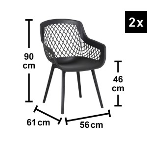 Czarne krzesło balkonowe t.b.t. (zestaw 2 szt.) z podłokietnikami i wzorem siatki.
