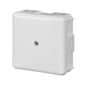 Biała puszka instalacyjna do suchej zabudowy, IP55, ze śrubą pośrodku.