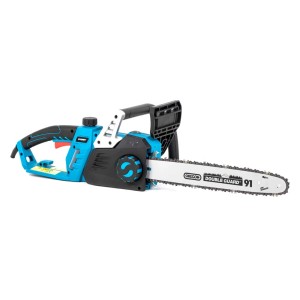 Niebieska piła łańcuchowa elektryczna t.b.t. z prowadnicą Oregon do precyzyjnych cięć.