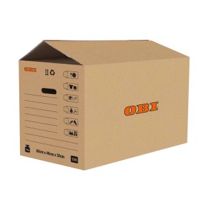 Brązowy karton OBI z uchwytem, liniami do opisu i pomarańczowym logo OBI.