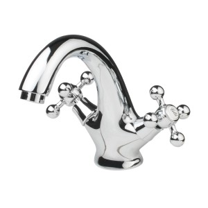 Błyszcząca bateria umywalkowa t.b.t. z krzyżowymi uchwytami do łazienki i WC.