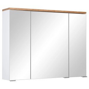 t.b.t. szafka lustrzana łazienkowa, biała z drewnianym blatem.