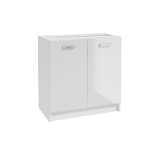 Biała szafka dolna do zestawu mebli kuchennych z dwojgiem drzwi i srebrnymi uchwytami.