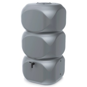 Szary zbiornik na deszczówkę Waterform Gubo 320 l z kranem, nowoczesny wygląd do ogrodu.