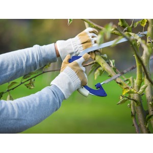 Osoba w brązowo-beżowych rękawicach roboczych w rozmiarze 10 przycina drzewo.