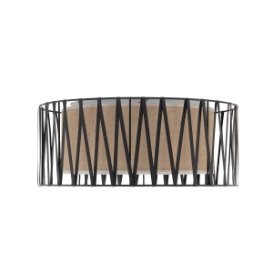 Nowoczesna lampa wisząca t.b.t. z czarną metalową ramą i beżowym abażurem.