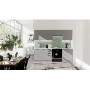 Nowoczesny szary zestaw mebli kuchennych z szafkami wiszącymi i piekarnikiem do zabudowy.