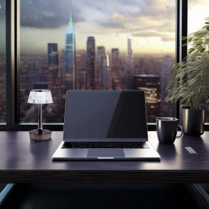 Lampa stołowa t.b.t. na biurku z laptopem i kubkiem na tle panoramy miasta. Lampa dekoracyjna.