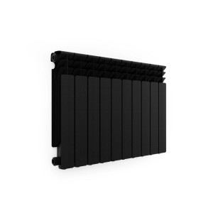 Czarny grzejnik t.b.t. do montażu na ścianie.
