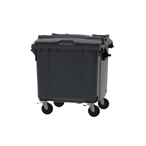 Szary pojemnik na odpady z pokrywą i kółkami dla łatwej utylizacji.