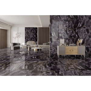 Przykład aranżacji: Ciemne płytki podłogowe imitujące marmur w salonie.