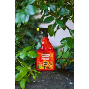 Czerwona butelka z rozpylaczem środka owadobójczego wśród zielonych liści. Zwalczanie szkodników.