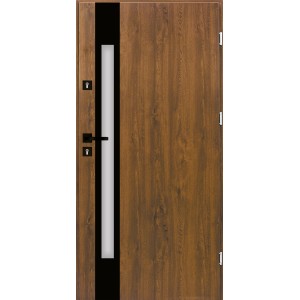 Nowoczesne drzwi zewnętrzne w kolorze drewna z szybą i czarnym akcentem.