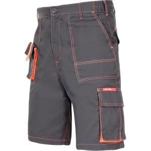 Szare szorty robocze z pomarańczowymi akcentami i kieszeniami.