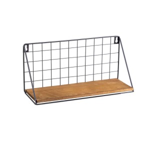 Półka ścienna z drewnianą deską i czarną metalową kratką.