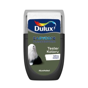 Tester koloru Dulux Easycare "Leśna Zieleń", zielona farba do ścian w pojemniku testowym.